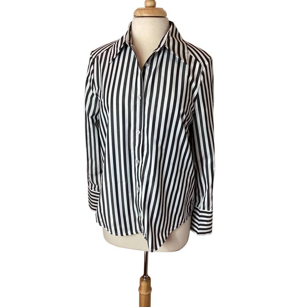 NEW TEA & CUP women's long sleeve striped blouse in black/white